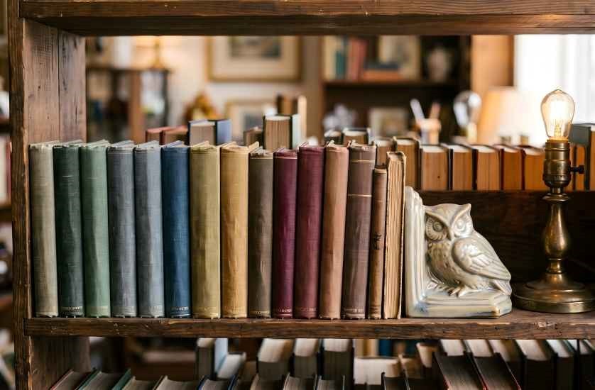 Antique bookend on a shelf with books 
